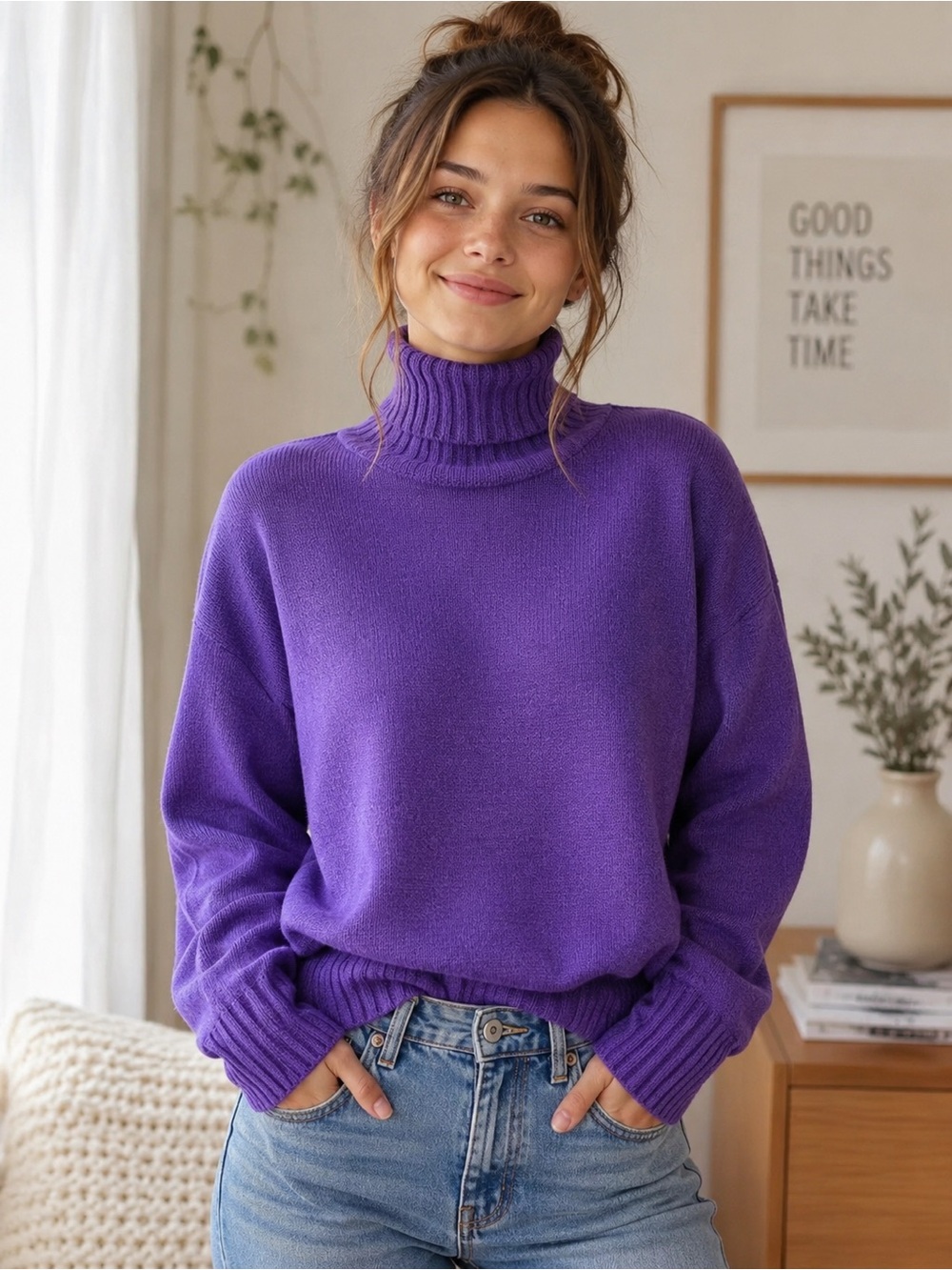 ZARA Purple Turtleneck Sweater Size M Soft Knit Cozy High Neck
